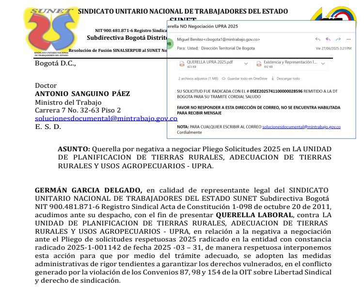 Con el D. 243/24, nuestra Subdirectiva ha adelantado 19 negociaciones distritales y 5 nacionales 

La única que, con argumentos regresivos, niega la negociación a un sindicato de industria es la <a href="/UPRAColombia/">UPRA</a> 

Presentamos tutela y exigimos a <a href="/MintrabajoCol/">MinTrabajo</a> solucionar querella