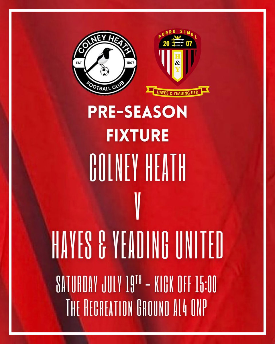 hyufc_official_'s tweet image. Back in action Saturday, as we travel to @ColneyHeathFC for another pre-season fixture⚽️
Kick off 15:00