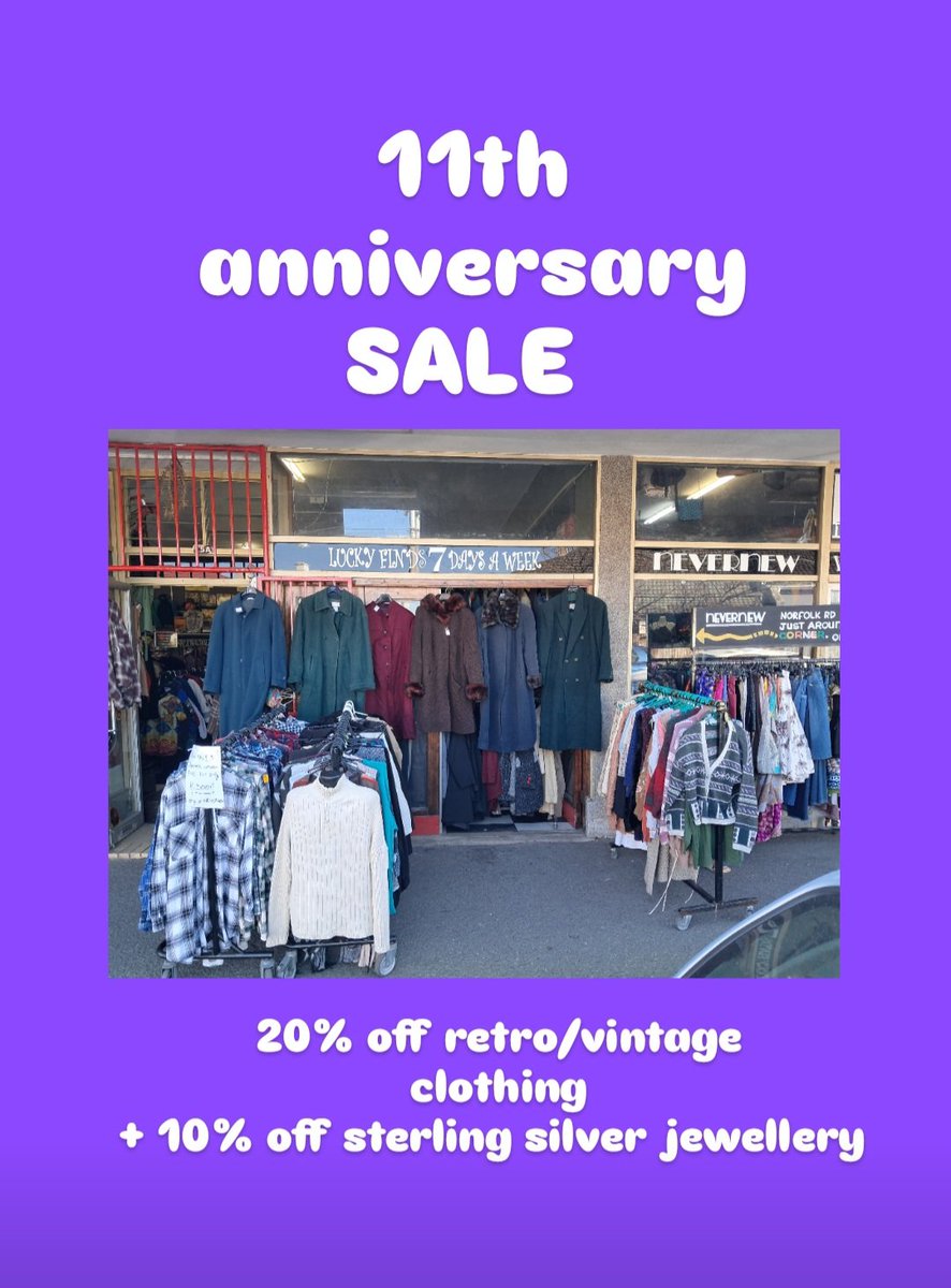 NevernewStore's tweet photo. We're celebrating our 11th year of trading with a SALE this weekend.

Get some fab coats, leather jackets, corduroy pants, vintage dresses etc at 20% off PLUS 10% off sterling silver jewellery. 

SAT 19th July 10am - 6pm
@nevernewstore https://t.co/LX6DCkkNLu