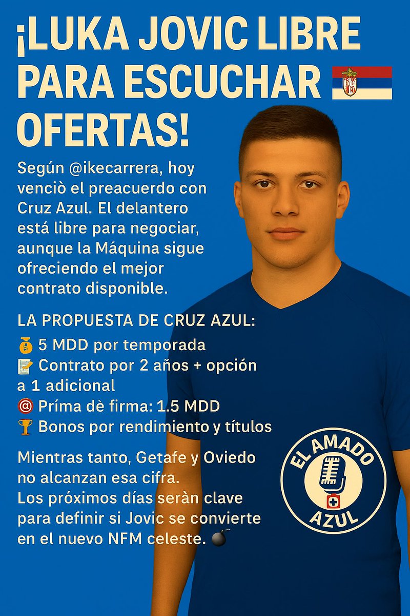 ¡Luka Jovic libre para escuchar ofertas!Según <a href="/ikecarrera/">Carrerismo</a>, hoy venció el preacuerdo con Cruz Azul. 

📌 La propuesta de Cruz Azul: 5 MDD por temporada

Getafe y Oviedo no alcanzan esa cifra. 
¿Se concreta el fichaje bomba? 💣

#lamaquina #CruzAzul  #AzulConTodo  #ElAmadoAzul