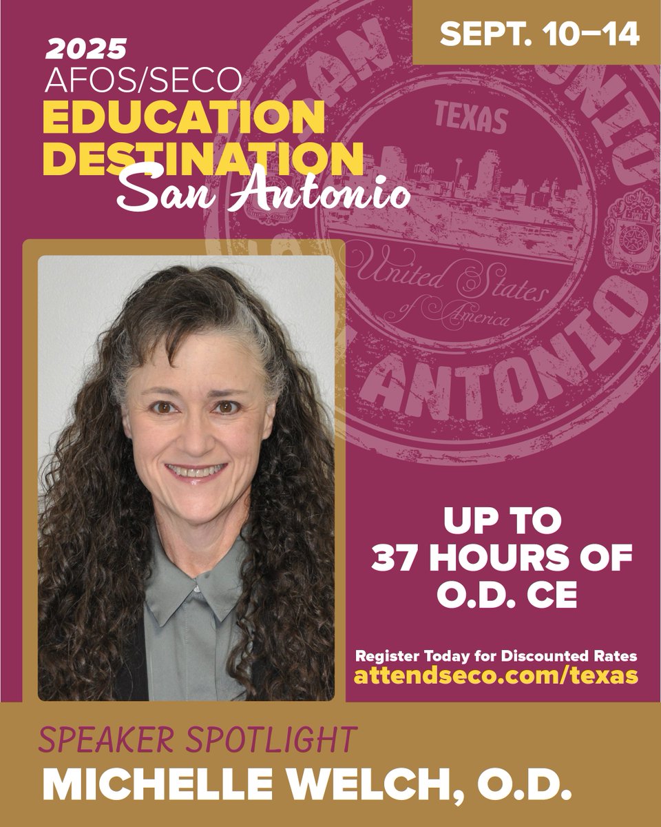 seco_intl's tweet image. SECO Oklahoma Trustee Dr. Welch brings hands-on expertise in surgical and laser procedures to #DestinationSECO.
📅 Sept. 10–14 | 🎓 Up to 37 CE hrs
🔗 attendseco.com/texas
#SECO2025 #AFOSxSECO #OptometryCE