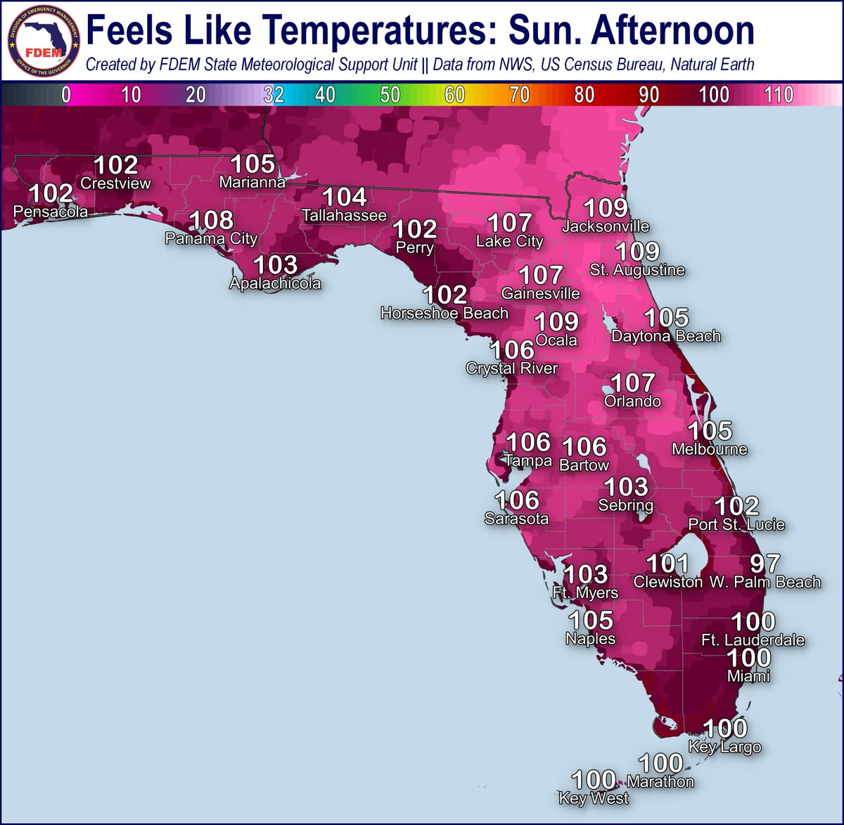 FLSERT's tweet image. 🌡️ 7/18/25: Hot & humid weather will cause feels like temperatures to reach dangerous levels statewide this weekend!
Heat safety tips:
🥤 Stay hydrated
👒 Wear appropriate clothing
🥵 Avoid over exposure & check your local forecast
➡️ FloridaDisaster.org/Heat