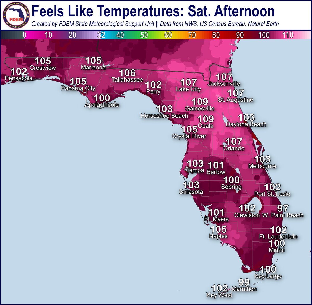 FLSERT's tweet image. 🌡️ 7/18/25: Hot & humid weather will cause feels like temperatures to reach dangerous levels statewide this weekend!
Heat safety tips:
🥤 Stay hydrated
👒 Wear appropriate clothing
🥵 Avoid over exposure & check your local forecast
➡️ FloridaDisaster.org/Heat