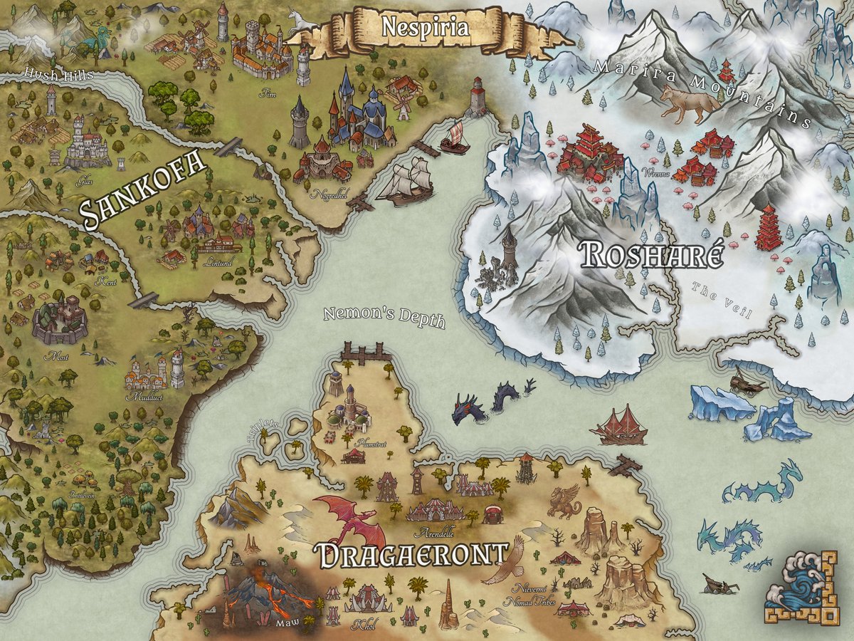 StefanieMcMaken's tweet image. May I introduce - Nespiria!
A world full of magic and mysteries.
In the hot, harsh south of Dragaeront you'll find ancient cities, a growling volcano, and tribes as fierce as the dragons and griffins that roam the merciless deserts.
The bitingly cold Rosharé stands in stark…