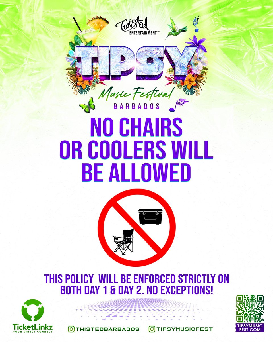 twistedbarbados's tweet image. IMPORTANT NOTICE TO ALL TMF PATRONS ๐จ
๐๐จ ๐๐จ๐จ๐ฅ๐๐ซ๐ฌ ๐จ๐ซ ๐๐ก๐๐ข๐ซ๐ฌ ๐๐ฅ๐ฅ๐จ๐ฐ๐๐ ๐๐ญ ๐๐๐
. โ
This policy will be STRICTLY ENFORCED on both Day 1 and Day 2. NO EXCEPTIONS! ๐
๐ฝ
Letโs keep the vibes safe, entry seamless and fun!
By order of TMF management.