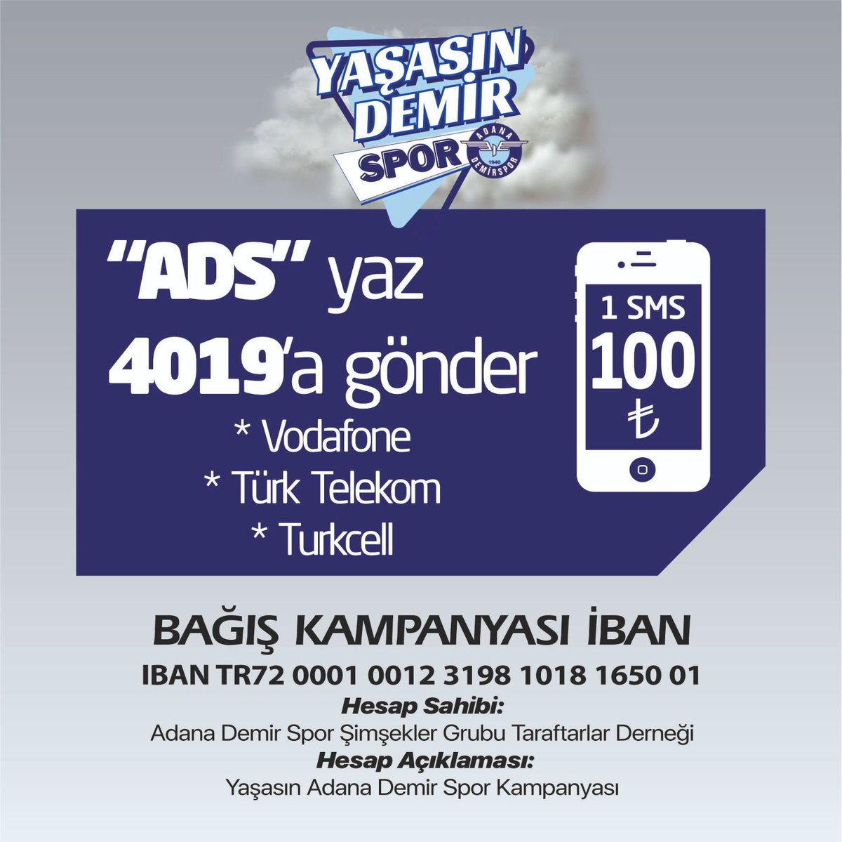 kuzeykalealt's tweet photo. Hedef: Bu gece saat 00.00’a kadar 1940 SMS!
Haydi Adana Demirspor taraftarı, sen de kulübüne destek ver!
Birlik olma zamanı! 

#YasasinDemirspor https://t.co/MlvAgpKW48