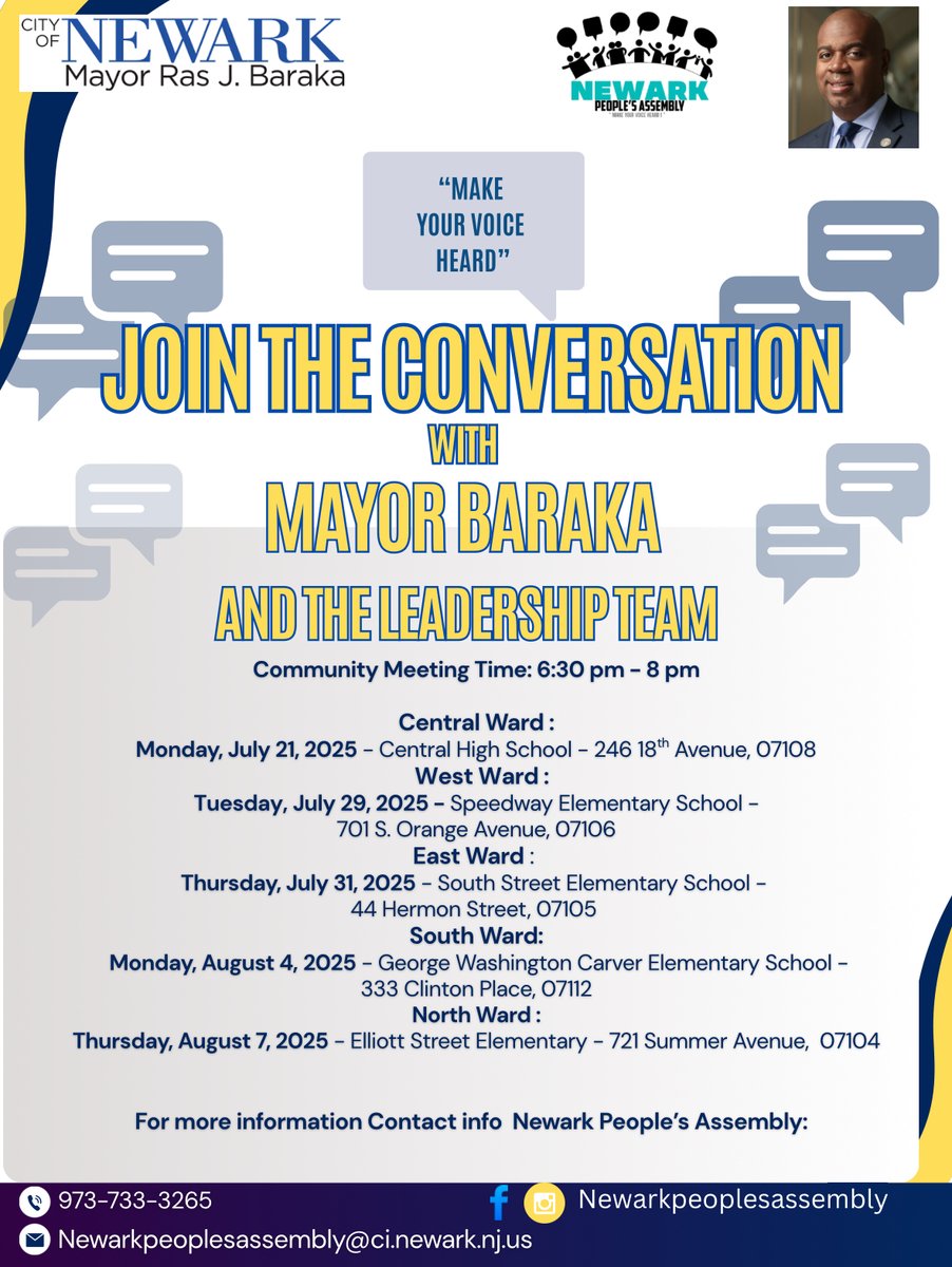 CityofNewarkNJ's tweet image. Join The Conversation with Mayor Baraka and The Leadership Team as we visit every ward to engage with the community, providing an opportunity for the Community to “Make Your Voice Heard”.