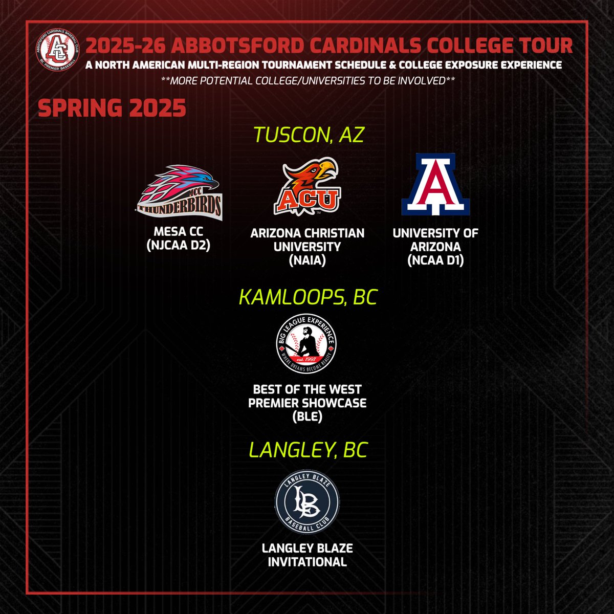 The Abbotsford Cardinals are excited to announce the first annual Cardinal College Tour!

Exclusive to members of the 2025-26 Abbotsford Cardinals, this college tour will feature a competitive tournament schedule facing competition from multiple US regions.

(1/2)

#GoCards
