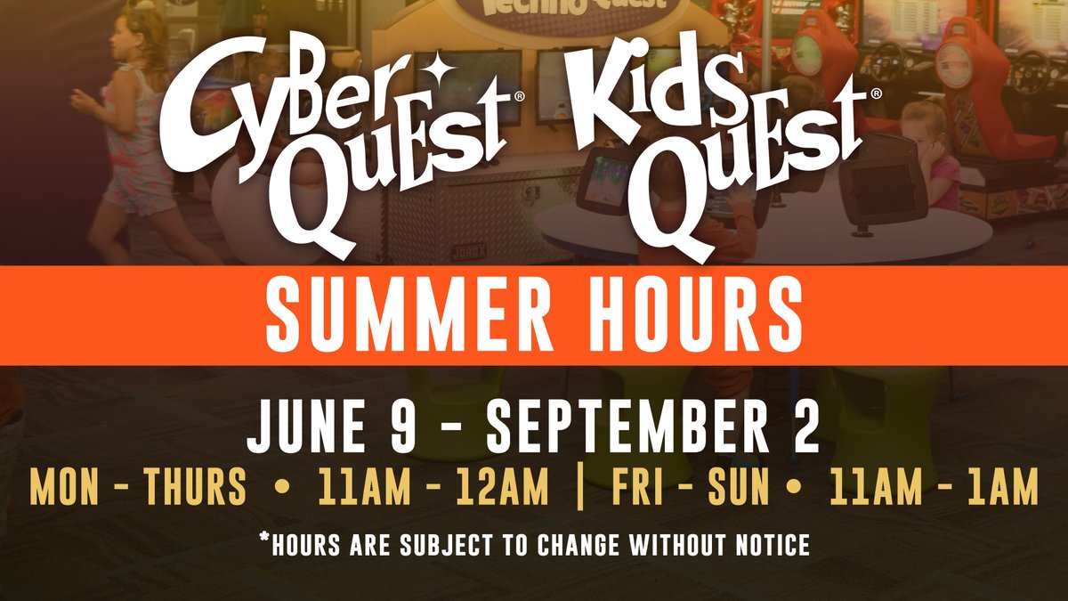 Parents rejoice! 🙌 KidQuest &amp; CyberQuest have extended summer hours! Mon-Thurs 11am-12am, Fri-Sun 11am-1am.  #ParentsNightOut #KidsPlay