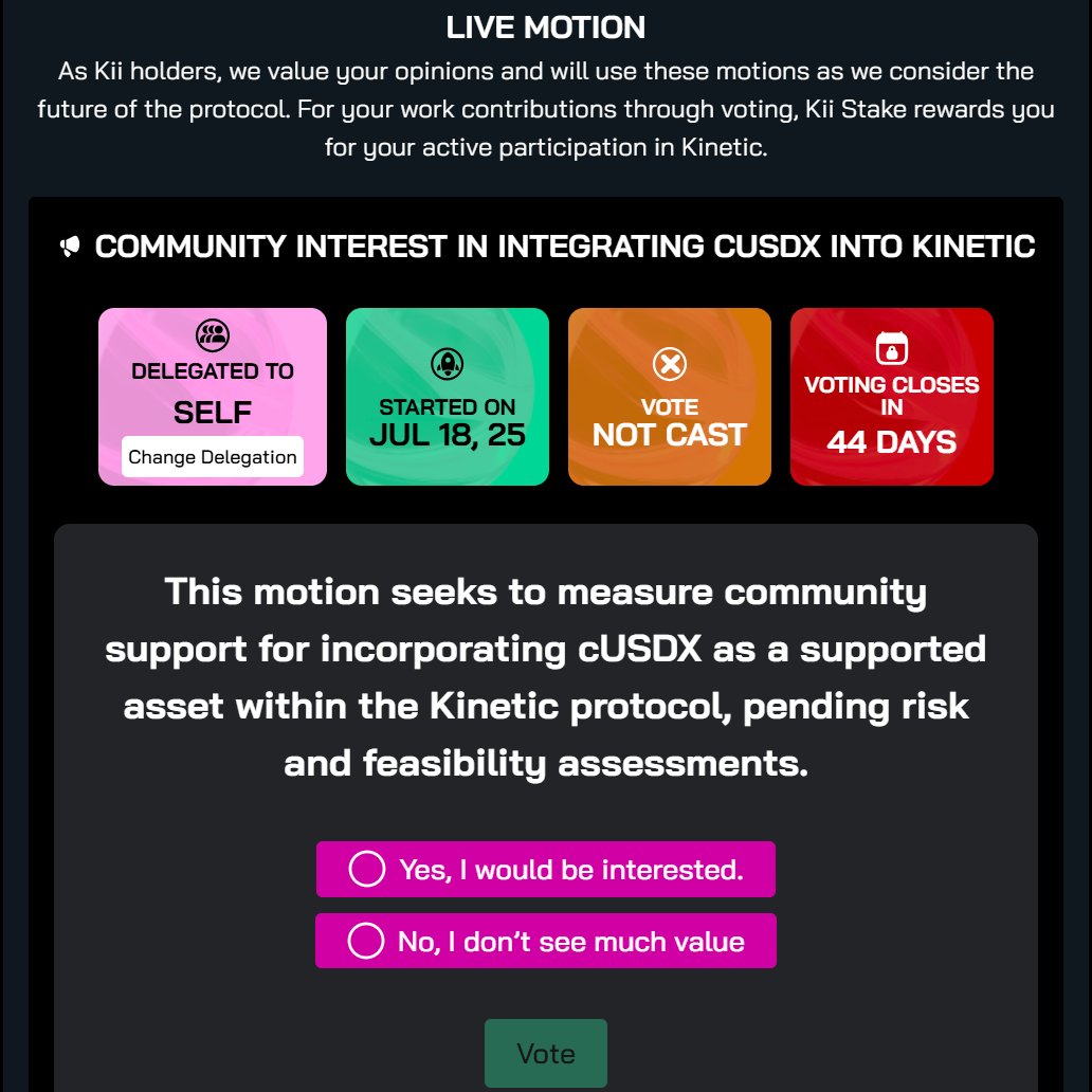 Kinetic_Markets's tweet image. 🌸A new Kii Stake proposal is live!
Remember, you have to vote (or delegate your vote) every 45 day cycle to earn Kii stake rewards.
This motion intends to gauge user interest in a possible cUSDX market on Kinetic.
🗳️Vote via the link below👇
app.kinetic.market/voting