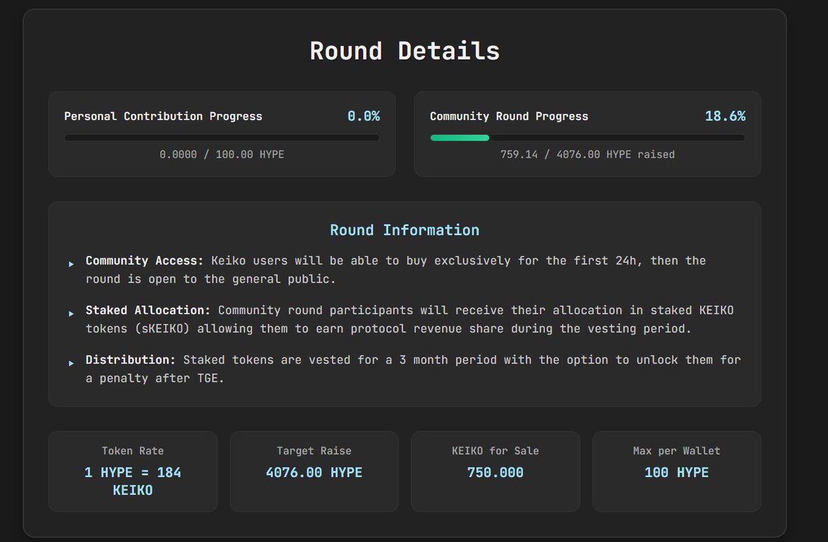 ¿Quieres comprar el token nativo de Keiko Finance en HyperEVM? 🤔

Pues déjame contarte que se acaba de lanzar la Community Round para wallets con whitelists (si tienes puntos, eres elegible)

Una ronda que sólo estará abierta exclusivamente durante 24 horas 

Se va a asignar el