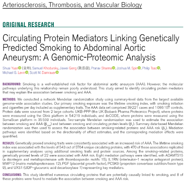 Shuai Yuan 袁帅 (@yuan_as) on Twitter photo What proteins mediate #smoking and #AAA risk? Please read our fresh paper in <a href="/atvbahajournals/">ATVB: An AHA Journal</a>
<a href="/damrauer/">Scott Damrauer</a> <a href="/pennsurgery/">PennSurgery</a> <a href="/PennMedicine/">Penn Medicine</a> <a href="/karolinskainst/">Karolinska Institutet</a>
ahajournals.org/doi/10.1161/AT… What proteins mediate #smoking and #AAA risk? Please read our fresh paper in <a href="/atvbahajournals/">ATVB: An AHA Journal</a>
<a href="/damrauer/">Scott Damrauer</a> <a href="/pennsurgery/">PennSurgery</a> <a href="/PennMedicine/">Penn Medicine</a> <a href="/karolinskainst/">Karolinska Institutet</a>
ahajournals.org/doi/10.1161/AT…