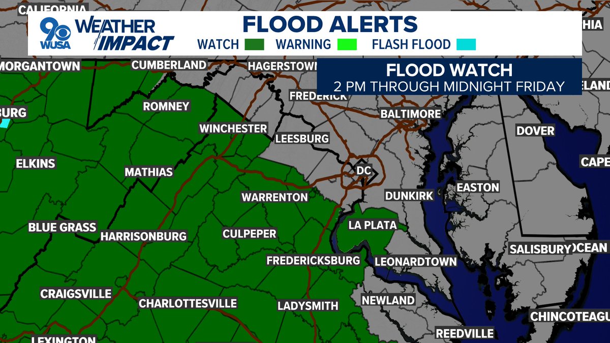KaitlynMcGrath's tweet image. Here we go again ⛈️
Rain and storms will blown through the area mainly between 2 p.m. and 10 p.m.
The greatest flash flooding risk is SW of DC, but metro areas will still see showers and storms.
@WUSA9