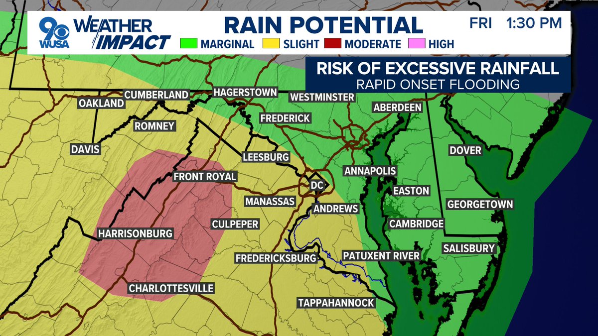 KaitlynMcGrath's tweet image. Here we go again ⛈️
Rain and storms will blown through the area mainly between 2 p.m. and 10 p.m.
The greatest flash flooding risk is SW of DC, but metro areas will still see showers and storms.
@WUSA9