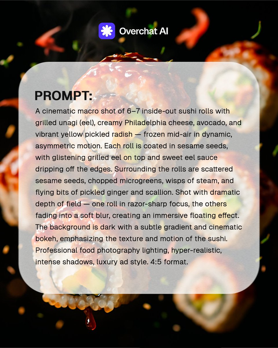 OverchatAI's tweet image. Swipe to see more. Save it! Use it.
🟡 Try it in Overchat AI.
#AIArt #AIphotography #OverchatAI #FoodPrompt #CinematicAI