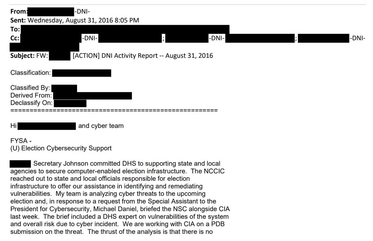 bhweingarten's tweet image. A just-declassified intel community email from August 31, 2016 indicates that at least as early as that time, President Obama argued for designating election infrastructure as critical infrastructure. This laid the predicate, ultimately, for censoring tweets containing election…