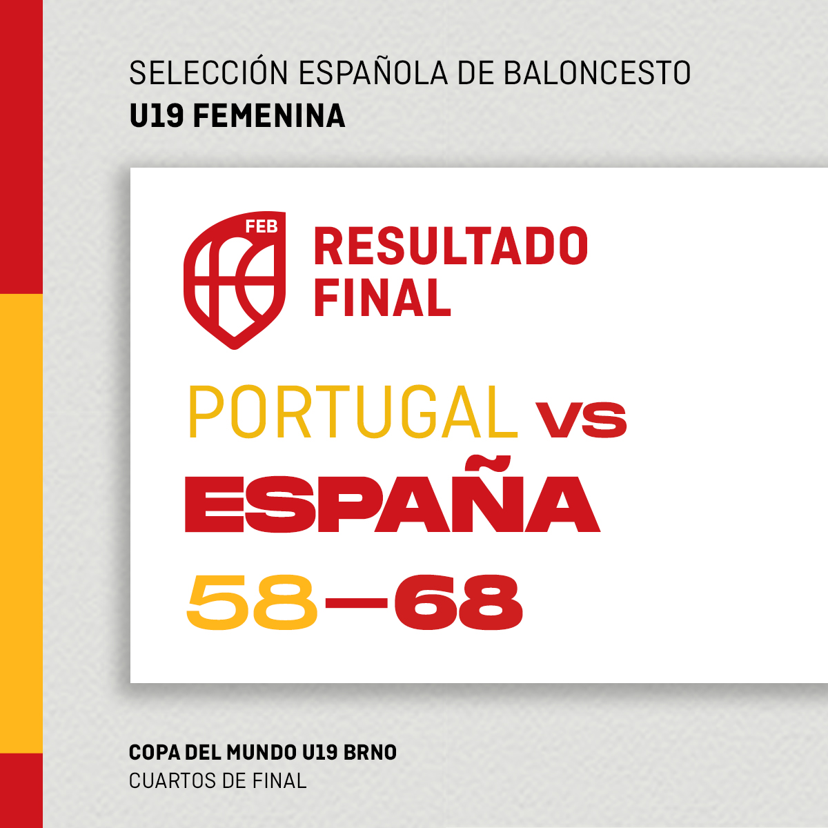 Entre los 4⃣ mejores 𝗘𝗤𝗨𝗜𝗣𝗢𝗦 del 🌍

 La #U19F 🇪🇸 derrota a una gran Portugal en cuartos 💪

🏆 Cuartos de final #FIBAU19
🇵🇹🆚🇪🇸
FINAL (58-68)
📌Brno (República Checa)

#SomosEquipo