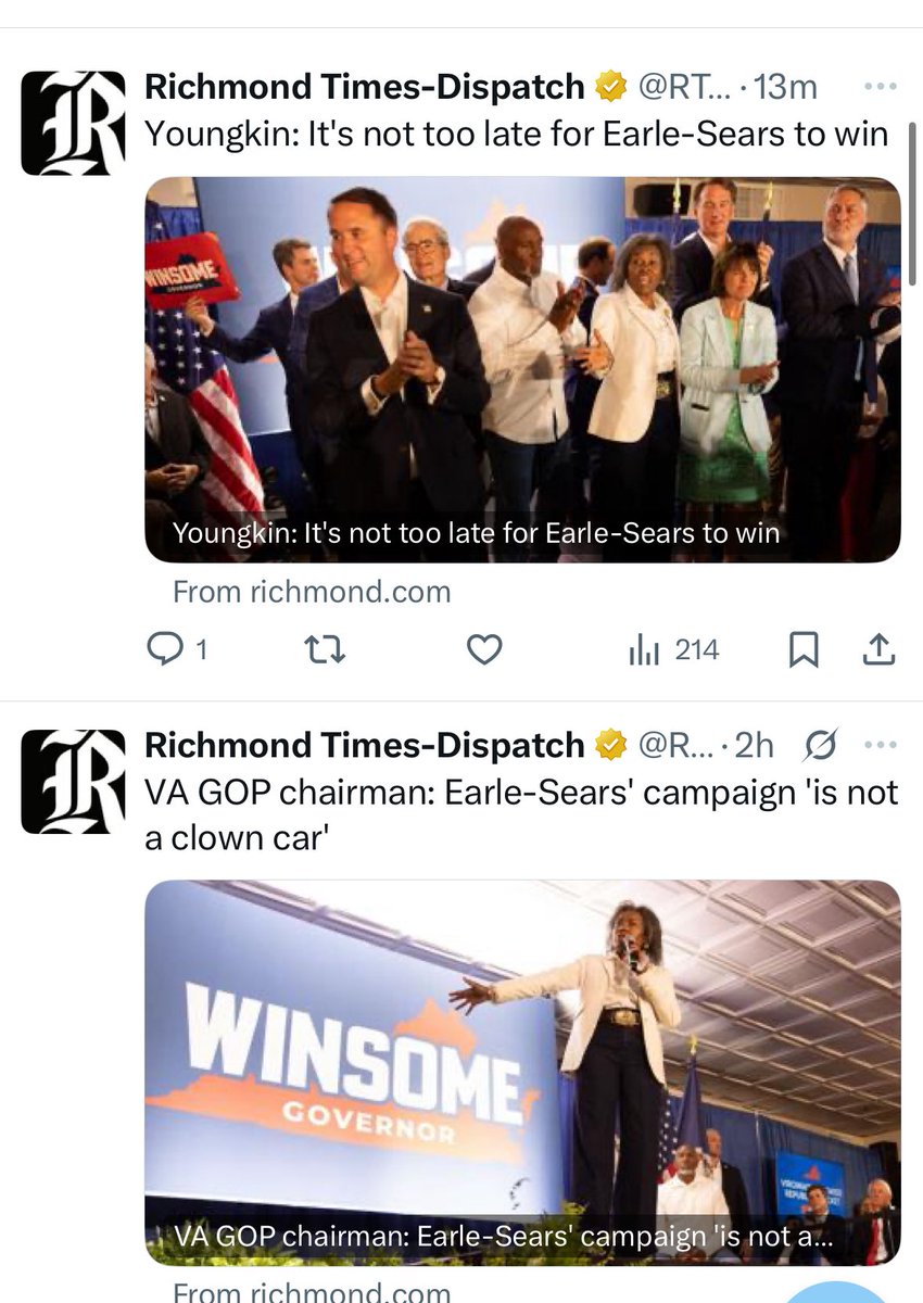 IsaacDovere's tweet image. Two headlines from today from the Richmond Times-Dispatch about the GOP gubernatorial campaign: