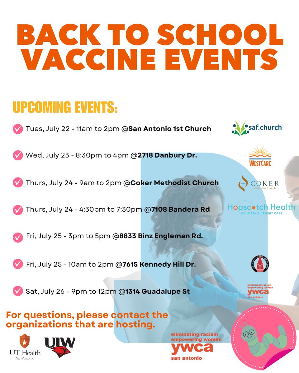📚💉 Back-to-school vaccine events are happening all week across San Antonio! Multiple organizations are hosting these events. Please contact the event organizers directly with any questions.

#Health #SanAntonio #Equity #Salud #Texas #Vaccines #BacktoSchool