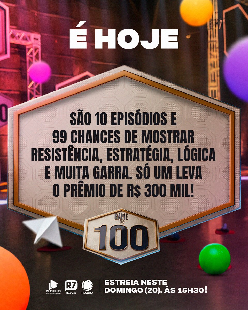 CHEGOU O DIA! 🏆

Daqui a pouquinho, o #GameDos100 chega na sua TV para agitar o seu domingo! Já sabe para quem vai a sua torcida? Então vem com a gente! 💪

A #EstreiaGameDos100 é hoje (20), às 15h30, na tela da #RECORD! 📺