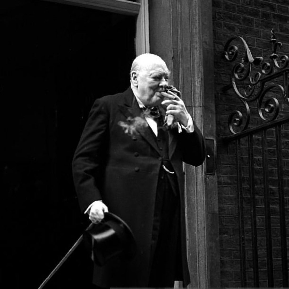 Sir Winston Churchill outside No. 10 Downing Street on his final day as premier, April 5th 1955 - age 80.