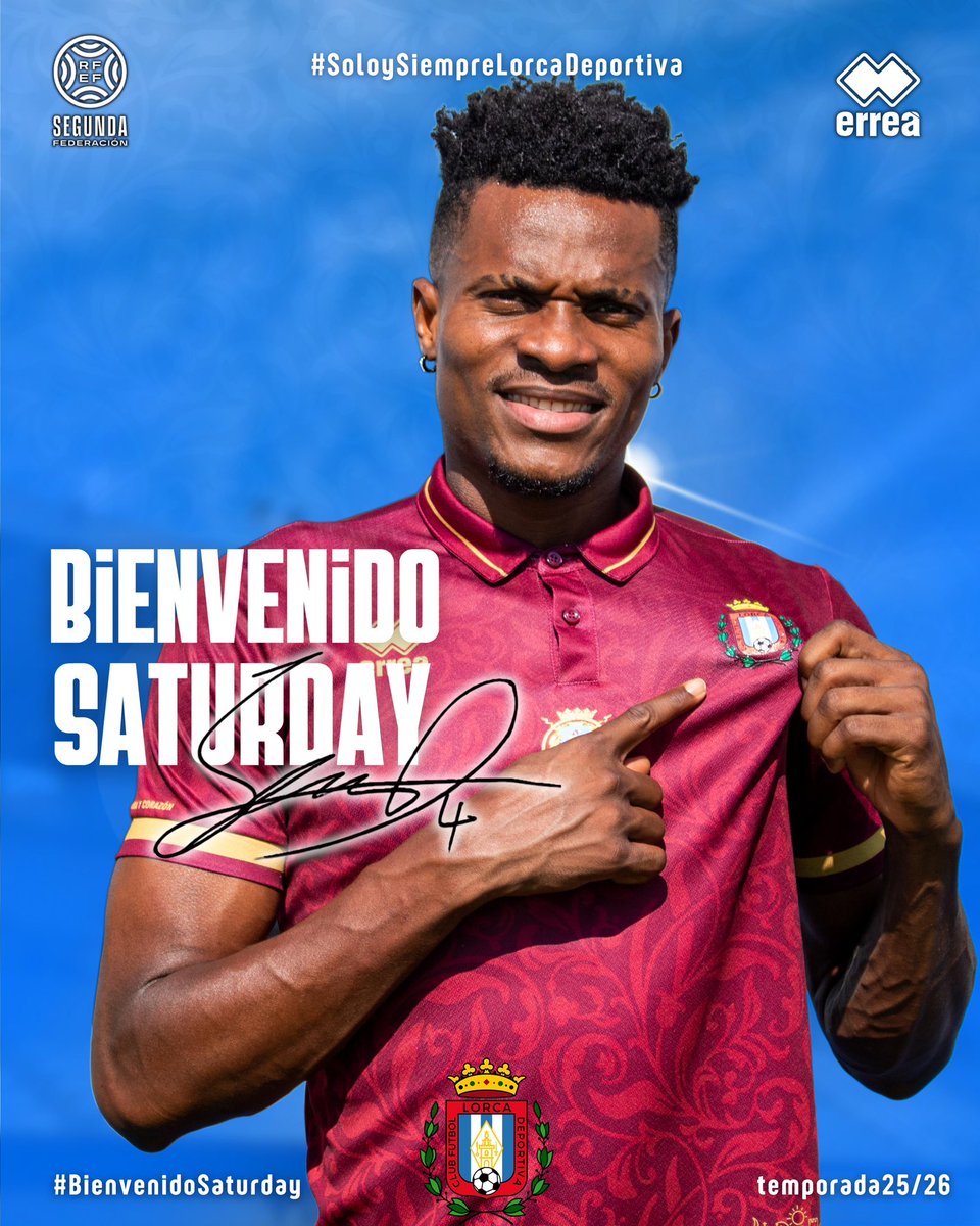 Lorca Deportiva (@lorcadeportiva) on Twitter photo 📣 𝗙𝗜𝗖𝗛𝗔𝗝𝗘
✍🏻 𝗦𝗔𝗧𝗨𝗥𝗗𝗔𝗬, 𝗻𝘂𝗲𝘃𝗼 𝗷𝘂𝗴𝗮𝗱𝗼𝗿 𝗱𝗲𝗹 𝗟𝗼𝗿𝗰𝗮 𝗗𝗲𝗽𝗼𝗿𝘁𝗶𝘃𝗮.
➡️ El central nigeriano llega procedente del <a href="/uesantandreu/">Unió Esportiva Sant Andreu</a>. Contundencia, altura y fuerza para la zaga lorquinista.
🙌🏻 ¡𝗕𝗜𝗘𝗡𝗩𝗘𝗡𝗜𝗗𝗢 <a href="/Erimuya68/">Erimuya Saturday kei</a>! 📣 𝗙𝗜𝗖𝗛𝗔𝗝𝗘
✍🏻 𝗦𝗔𝗧𝗨𝗥𝗗𝗔𝗬, 𝗻𝘂𝗲𝘃𝗼 𝗷𝘂𝗴𝗮𝗱𝗼𝗿 𝗱𝗲𝗹 𝗟𝗼𝗿𝗰𝗮 𝗗𝗲𝗽𝗼𝗿𝘁𝗶𝘃𝗮.
➡️ El central nigeriano llega procedente del <a href="/uesantandreu/">Unió Esportiva Sant Andreu</a>. Contundencia, altura y fuerza para la zaga lorquinista.
🙌🏻 ¡𝗕𝗜𝗘𝗡𝗩𝗘𝗡𝗜𝗗𝗢 <a href="/Erimuya68/">Erimuya Saturday kei</a>!