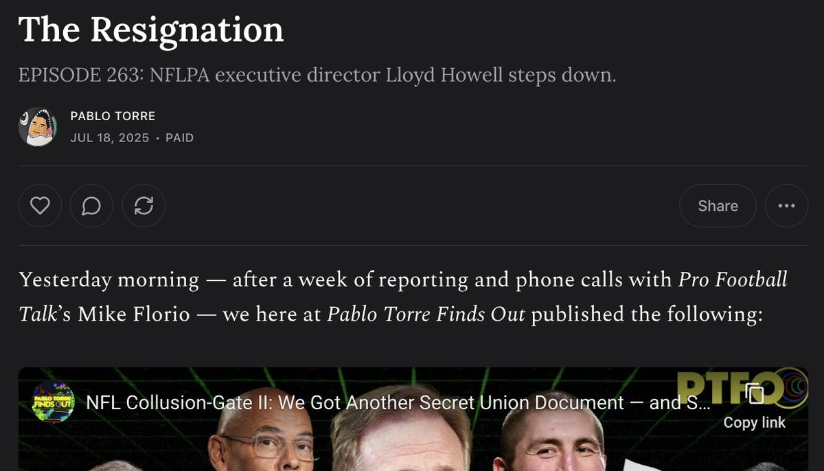 PabloTorre's tweet image. I'm publishing the second secret NFL/NFLPA arbitration ruling, in full, for the paid subscribers of my newsletter.
Enormous thanks for supporting our journalism ⤵️