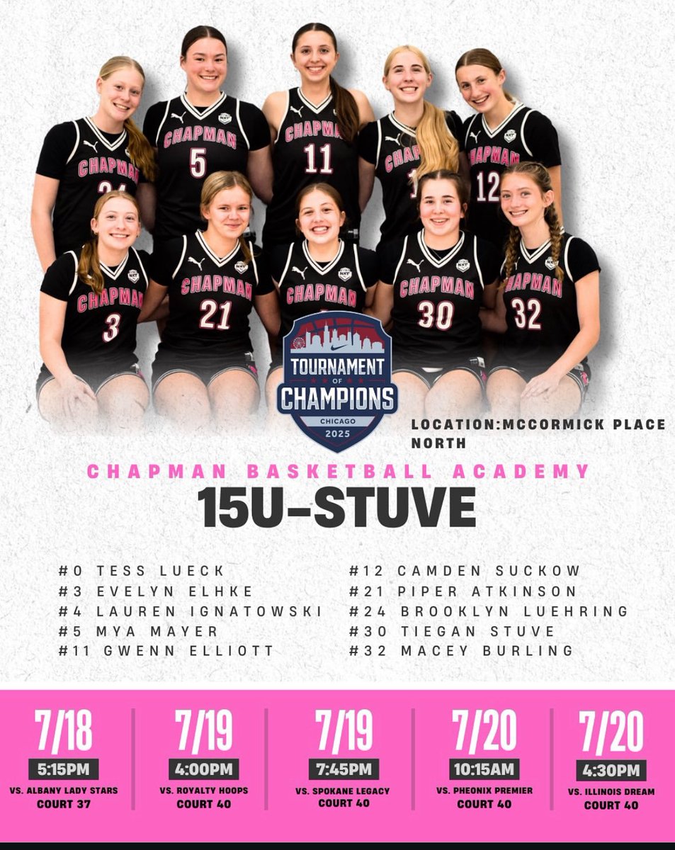 Fri, July 18: <a href="/Chapman_GBB/">Chapman Girls Basketball</a> is ready to go in Chicago!

16U vs. Hoopstar Family: 1:30pm Ct. 18

13U Gries 2:45pm, Ct. 48

14U Dantlzer – 4pm, Ct. 39

15U vs.5pm , Ct. 40 lower level

17U vs. 6:30pm, Ct. 74 Lakeside

13U Diener – 6:30pm, Ct. 39

14U Harris 7:45pm, Ct 38