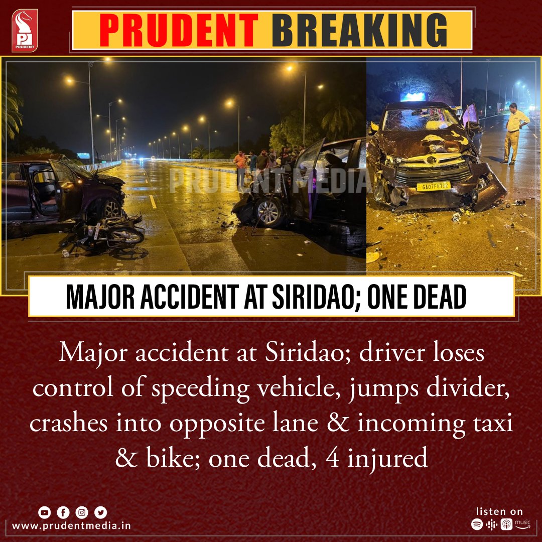 Major accident at Siridao; driver loses control of speeding vehicle, jumps divider, crashes into opposite lane &amp; incoming taxi &amp; bike; one dead, 4 injured 

#Goa #Siridao #Accident
