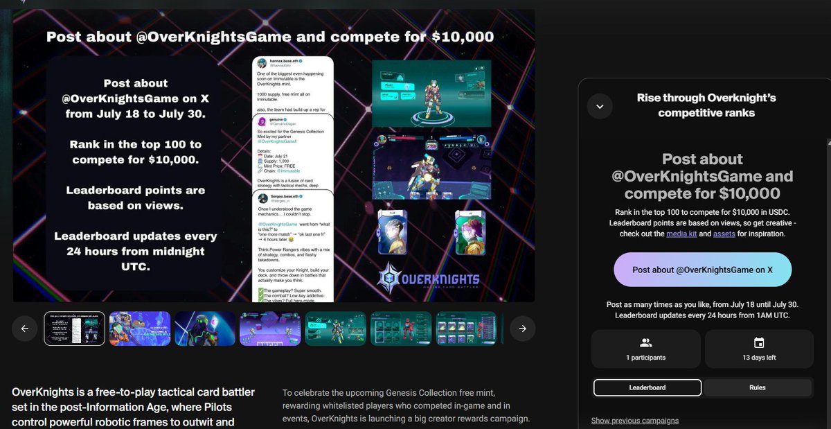 dimonachi's tweet image. Just found out that Immutable has made a new leaderboard for creators with a $10,000 prize pool for @OverKnightsGame
Now is the time to take part and break into the top 100!
Good luck to everyone!