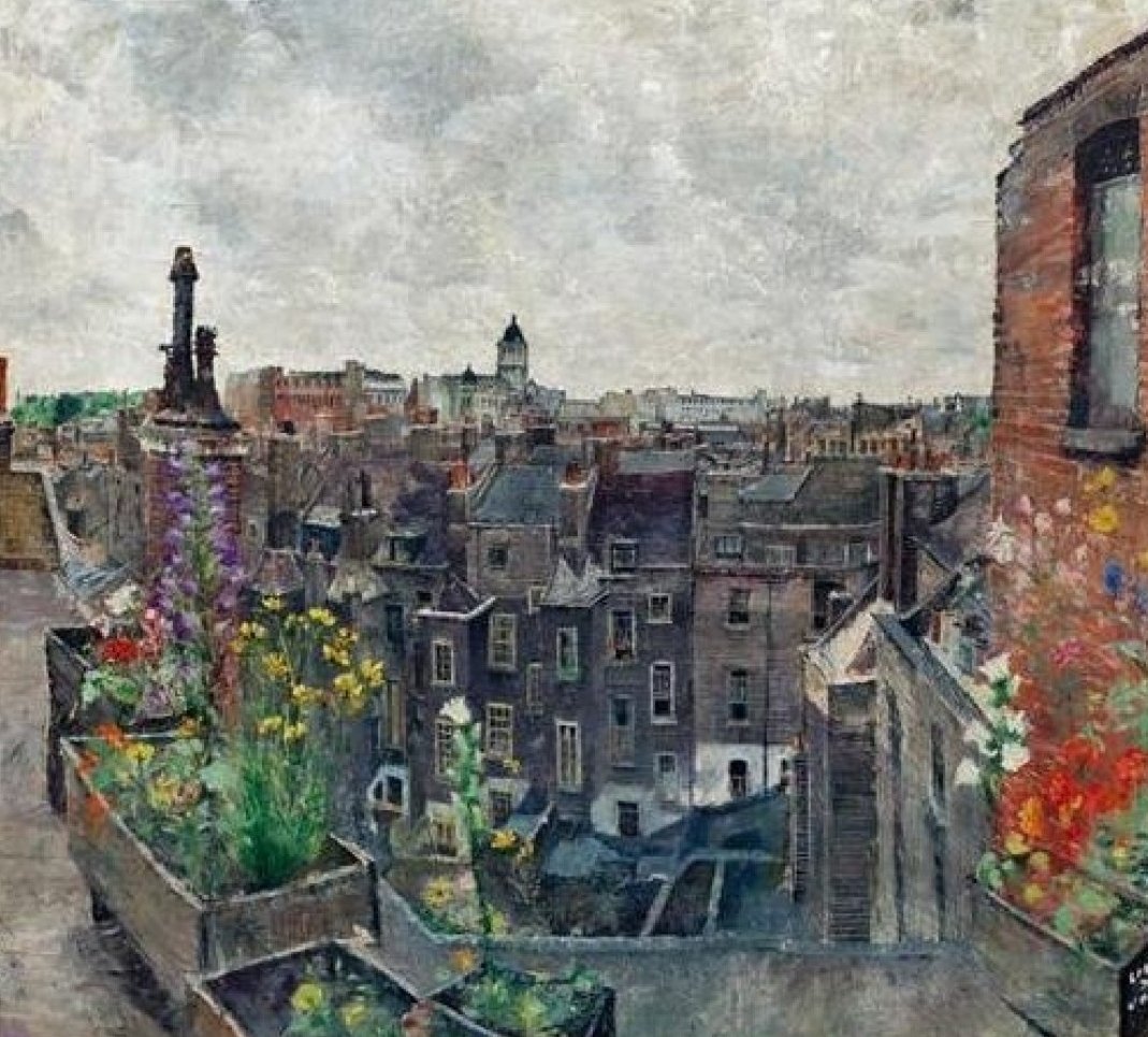 PaintingsLondon's tweet image. 'City of London Skies and Flowers (Roofs of High Holborn)' (1936) by Lily Joseph
(Private collection)