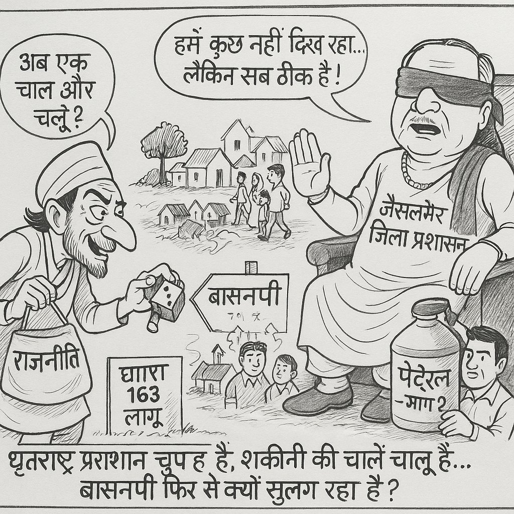 Adv. Rawal Pratap Singh (@rawalpratapsa) on Twitter photo कल जैसलमेर को धारा 163 लागू होने के बाद भी पुनः सुलगाने और साम्प्रदायिकता भड़काने जा रहे नेताओं व मौनव्रत धारण किए हुए अंधे प्रशासन पर व्यंग्यात्मक कार्टून...
कार्टून By <a href="/Mama_Shakuni7/">शकुनी मामा</a>
#सावधान_जैसाण कल जैसलमेर को धारा 163 लागू होने के बाद भी पुनः सुलगाने और साम्प्रदायिकता भड़काने जा रहे नेताओं व मौनव्रत धारण किए हुए अंधे प्रशासन पर व्यंग्यात्मक कार्टून...
कार्टून By <a href="/Mama_Shakuni7/">शकुनी मामा</a>
#सावधान_जैसाण