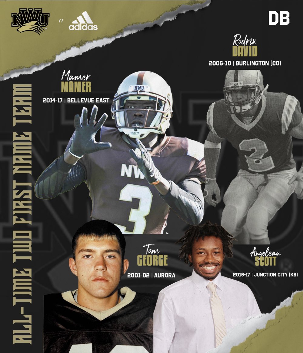 NWUFootball's tweet image. NWU All-Time Two First Name Team
Defensive Backs:
Rodrik David | 2006-10
Tom George | 2001-02
Mamer Mamer | 2014-17
Angeleau Scott | 2016-17
#FAITH