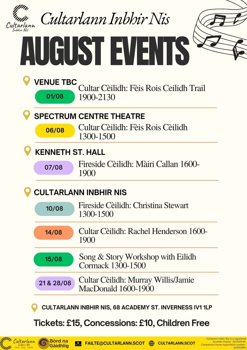 **UPDATE**

Due to ongoing work on the Cultarlann Inbhir Nis building, the first three events in August will be held in other venues, as seen below.

Keep an eye on our socials for updates and more information, or head to cultarlann.scot/whats-on/ to get your tickets!