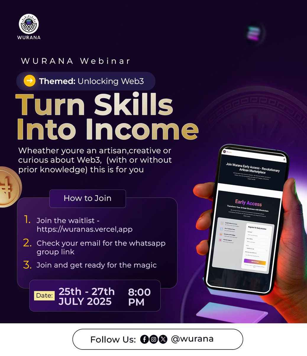 Wurana01's tweet image. Unlock Web3 & Turn Your Skills Into Income!
Join the WURANA Webinar 🎯
🗓️ July 25–27, 2025
🕗 8PM
🔗 Join the waitlist: wuranas.vercel.app
#Web3 #Wurana #Artisans #Blockchain #Income
