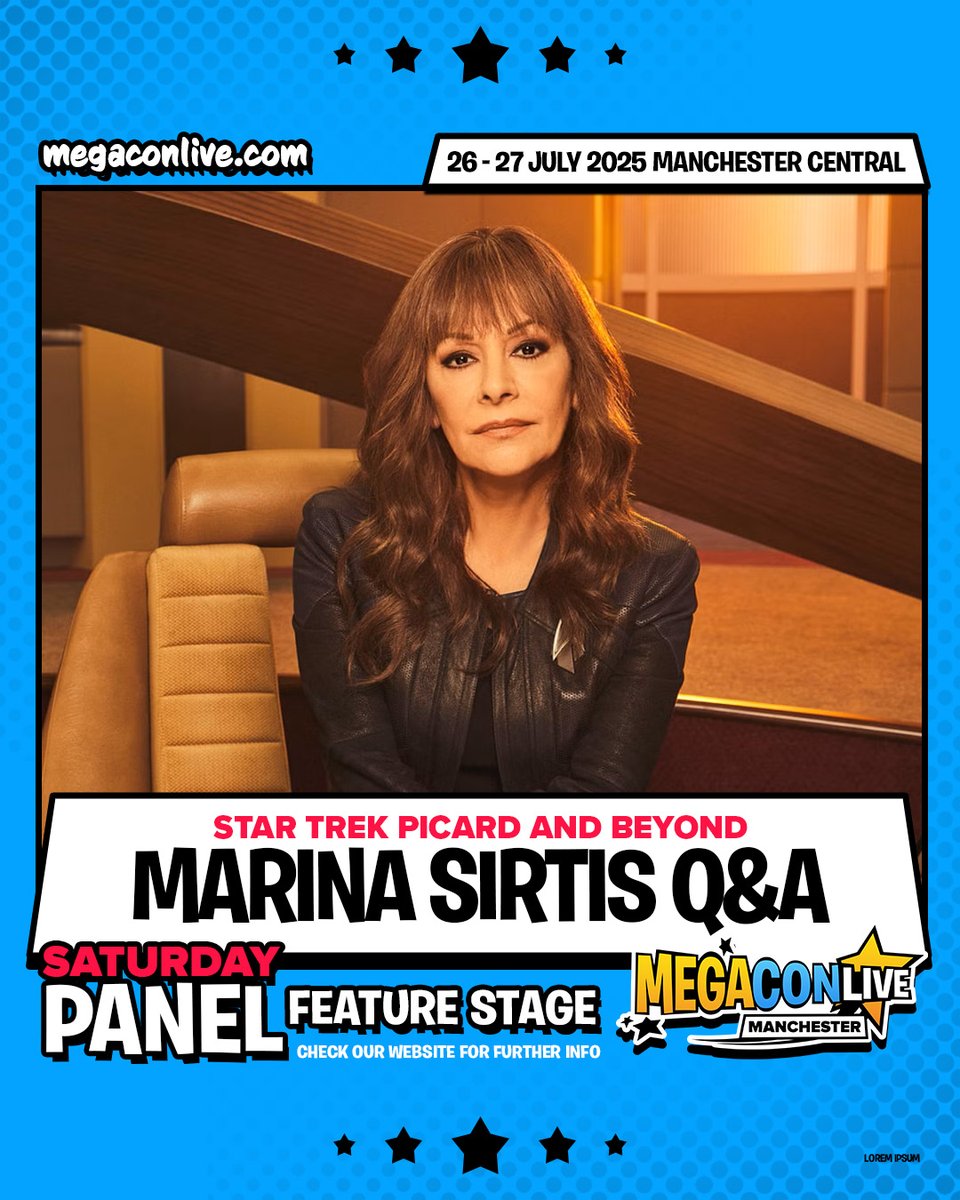 megaconlive's tweet image. Star Trek fans, this one’s for you! 🚀✨ Catch Marina Sirtis LIVE on the Feature Stage at MegaConLive Manchesterr, Saturday 26 & Sunday 27 July (NEXT WEEKEND!!!)
Autos & photo ops on sale now too - Don’t miss out & join us @ Manchester Central! 🎟️ megaconlive.com