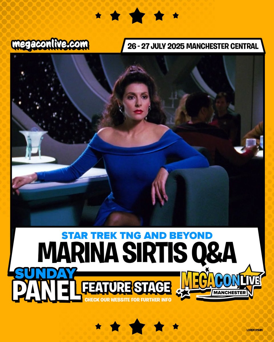 megaconlive's tweet image. Star Trek fans, this one’s for you! 🚀✨ Catch Marina Sirtis LIVE on the Feature Stage at MegaConLive Manchesterr, Saturday 26 & Sunday 27 July (NEXT WEEKEND!!!)
Autos & photo ops on sale now too - Don’t miss out & join us @ Manchester Central! 🎟️ megaconlive.com