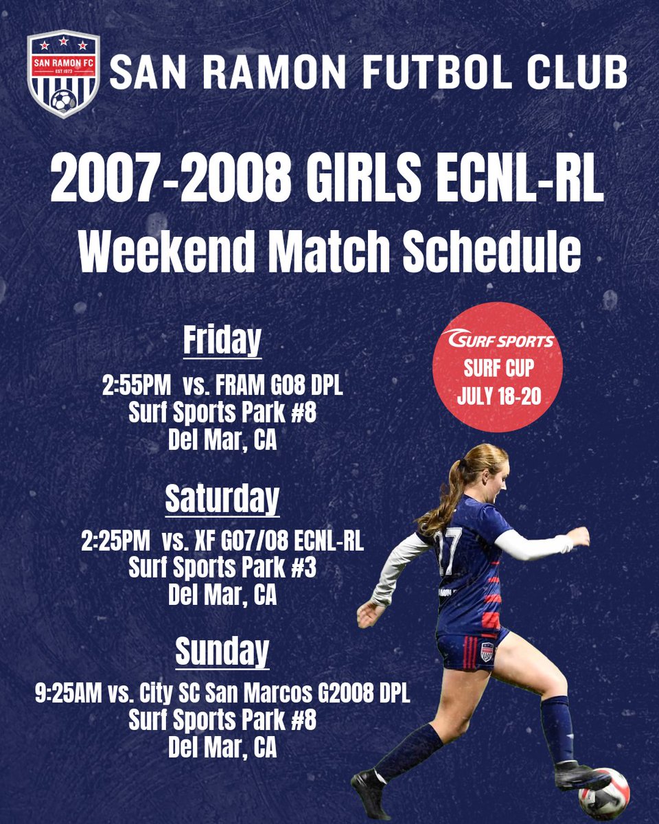 New youth season officially kicks off today with SRFC’s 2007/2008 Girls ECNL-RL team competing at
<a href="/surfcupsports/">SurfCupSports</a> Surf Cup in Del Mar this weekend. 

Match 1️⃣ Friday at 2:55 pm. 

¡Vamos San Ramon!

#SanRamonFC #Soccer