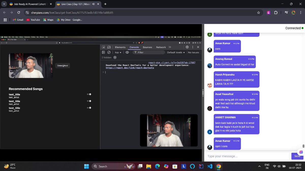 Lakshay2709's tweet image. Day 131 – Moody Player 🎵
🎯 Fetched songs based on user mood detection
🌐 Implemented CORS in backend
The mood-based recommendation logic is LIVE!
#MoodyPlayer #FaceAPI #MERN #CORS #ReactJS #100DaysOfCode #Sheryians