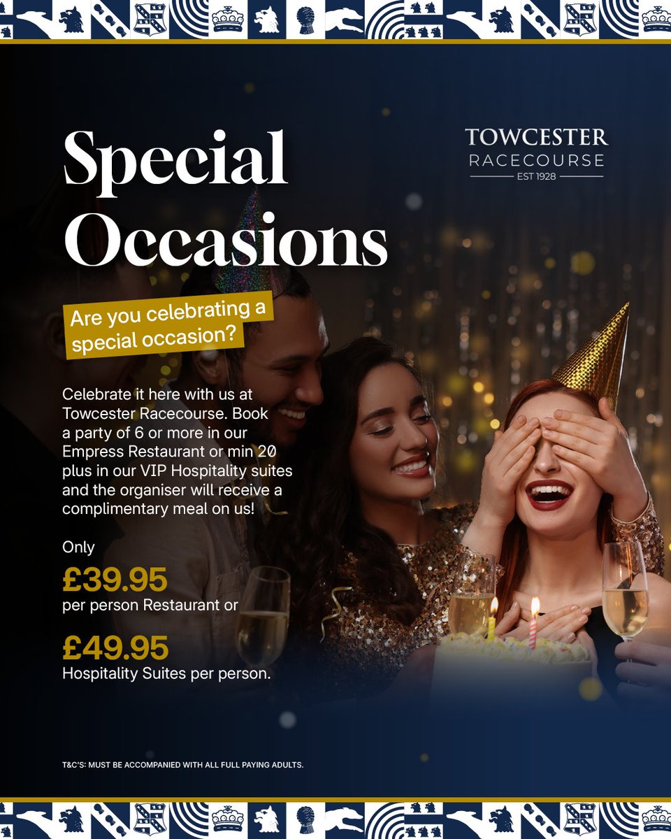 TowcesterRaces's tweet image. 🎉 Celebrate Your Special Occasion at Towcester Racecourse! 🎉
Planning a birthday, corporate event, stag or hen do, retirement, engagement or anniversary? We’ve got you covered! 🥂🎂
✨ Book for 6+ in our Empress Restaurant (£39.95pp)
✨ Or 20+ in our VIP Hospitality…