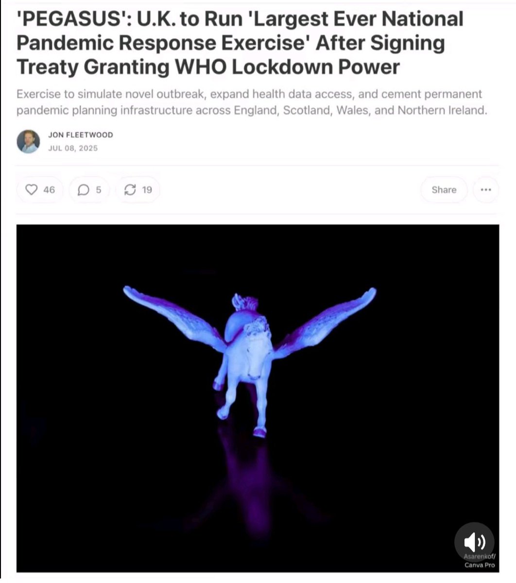 The UK government has just announced Exercise PEGASUS, which they're calling the largest national pandemic response exercise in history - set to take place in Autumn 2025.
This comes directly after the UK signed a treaty handing expanded powers to the World Health Organization.