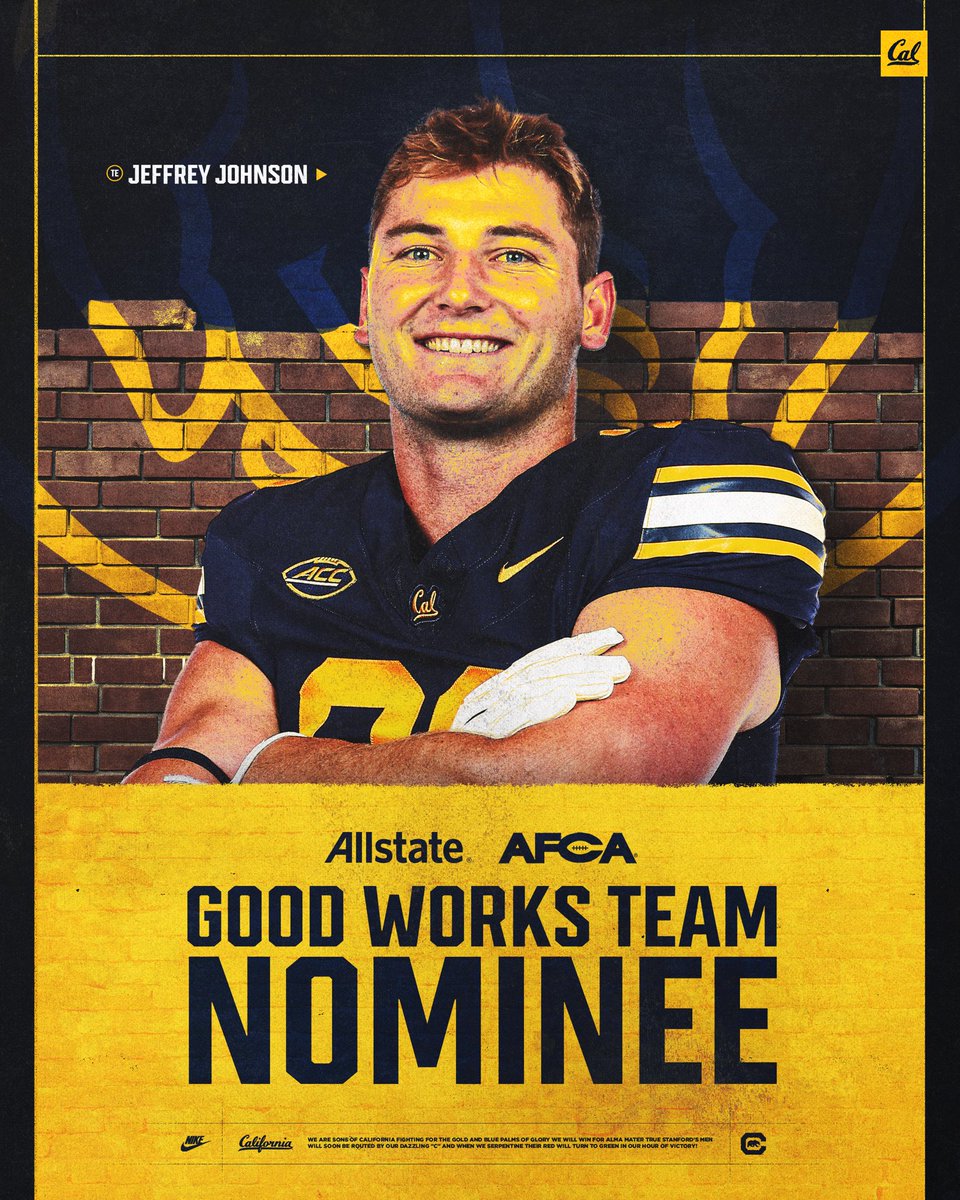CalFootball's tweet image. Serving our community ๐
@JeffreyAJohnson has been named an Allstate AFCA Good Works Team Nominee
#GoBears