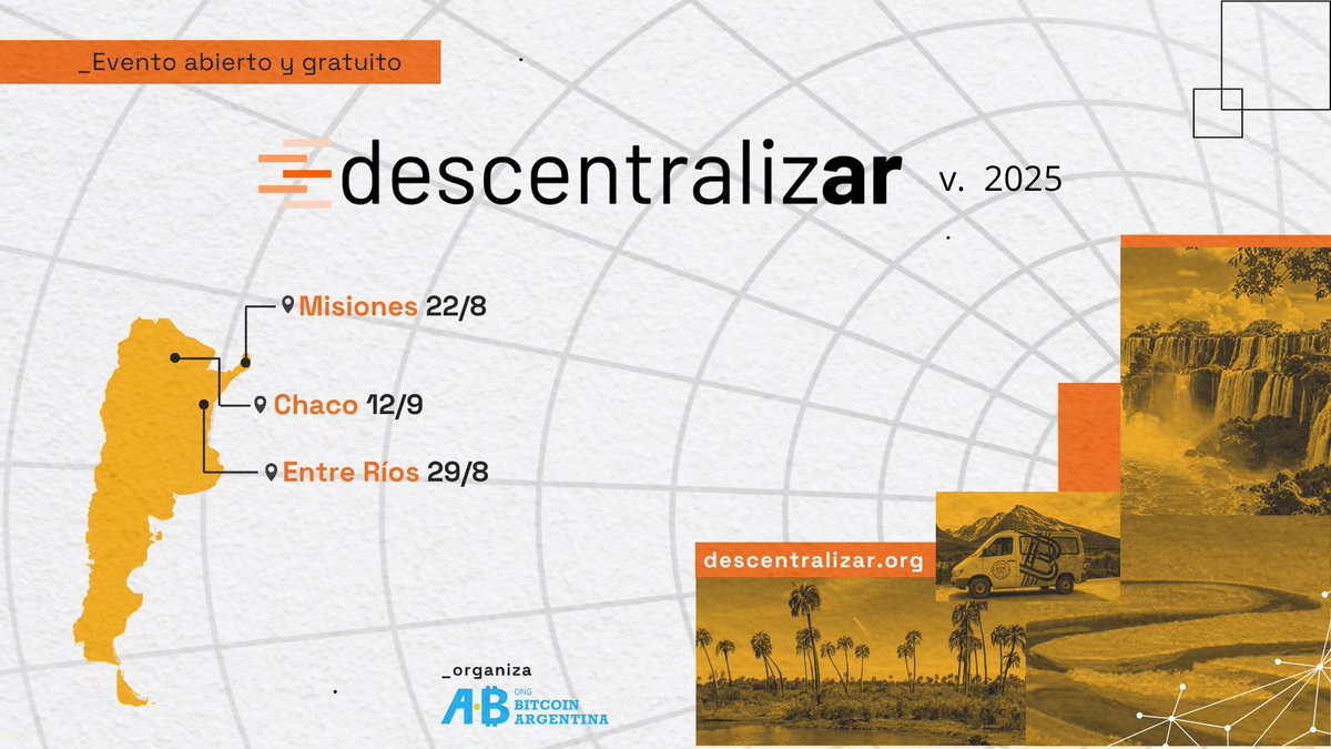 BitcoinAR's tweet image. 🚨 ¿Todavía no te inscribiste? Te recordamos que ya están abiertas las inscripciones para cada una de las paradas de #DescentralizAR 🧡
📍 ¿Querés entender qué es Bitcoin, cómo funciona y por qué puede transformar el sistema financiero? Sumate a esta jornada gratuita de charlas…
