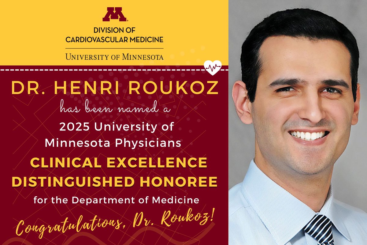 Cardiovascular Medicine, University of Minnesota (@umn_dcvm) on Twitter photo Dr. Henri Roukoz has been recognized as a 2025 University of MN Physicians Clinical Excellence Distinguished Honoree in the Department of Medicine. This award highlights his outstanding clinical care, patient dedication, and contributions to medicine. Congratulations, Dr. Roukoz! Dr. Henri Roukoz has been recognized as a 2025 University of MN Physicians Clinical Excellence Distinguished Honoree in the Department of Medicine. This award highlights his outstanding clinical care, patient dedication, and contributions to medicine. Congratulations, Dr. Roukoz!