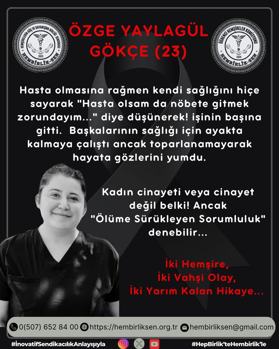 Meslektaşlarımız katlediliyor, kadınlar katlediliyor ve aslında toplum katlediliyor....

Tüm yetkililere buradan çağrı yapıyoruz, Hemşireler ciddi iş yükü ile çalışıyor ve yetersiz hemşire sayısı ile çalıştırılmak zorunda bırakılıyor. Hemşirelerimizin artık biyopsikososyal açıdan