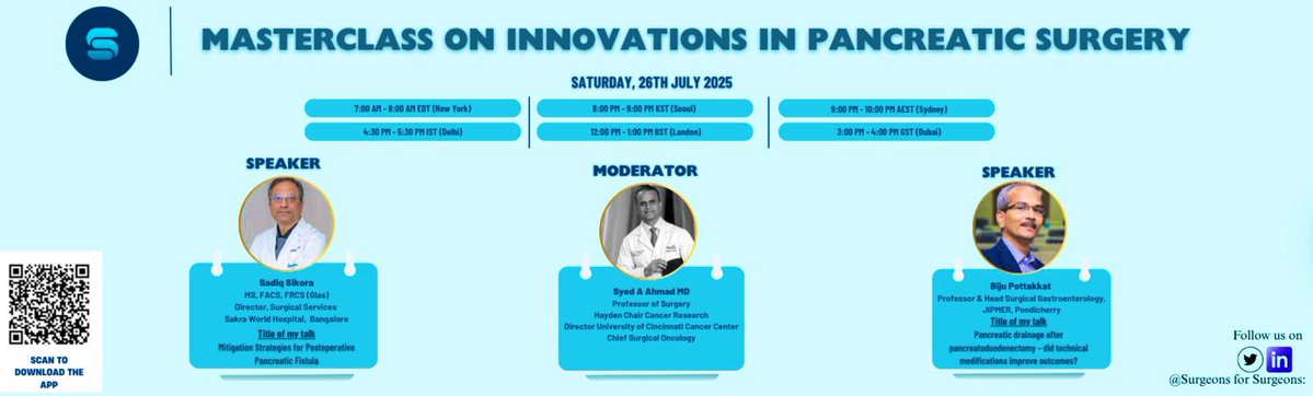 Shravan Sharad Nadkarni (@oncoshravan) on Twitter photo Calling all Pancreatic cancer surgeons and enthusiasts!!
‘Surgeons for Surgeons (SFS)’ Masterclass ( <a href="/for_surgeons/">Surgeons For Surgeons</a> ) featuring the doyens of Pancreatic surgery!
26th July 04:30 pm IST
Reg Link - t.ly/eveVB
Download the SFS app Calling all Pancreatic cancer surgeons and enthusiasts!!
‘Surgeons for Surgeons (SFS)’ Masterclass ( <a href="/for_surgeons/">Surgeons For Surgeons</a> ) featuring the doyens of Pancreatic surgery!
26th July 04:30 pm IST
Reg Link - t.ly/eveVB
Download the SFS app