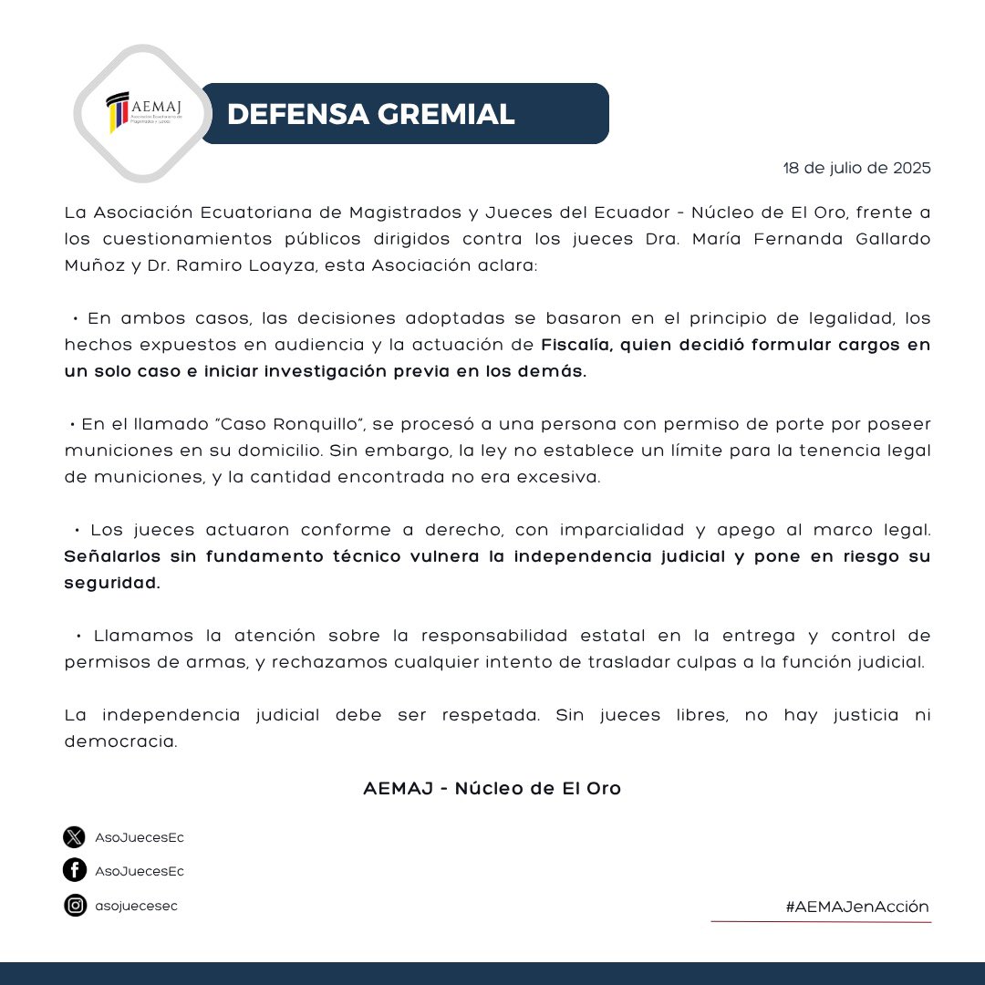 #AEMAJenAcción El Núcleo El Oro de la <a href="/AsoJuecesEc/">Aso. Jueces - Ecuador - AEMAJ</a> rechaza la publicación imprecisa del Ministro del Interior <a href="/MinInteriorEc/">Ministerio del Interior Ecuador 🇪🇨</a> John Reimberg (<a href="/JohnReimberg/">John Reimberg</a>), a través de su cuenta de la red social X, sobre la Dra. María Fernanda Gallardo Muñoz y el Dr. Ramiro Fernando Loayza