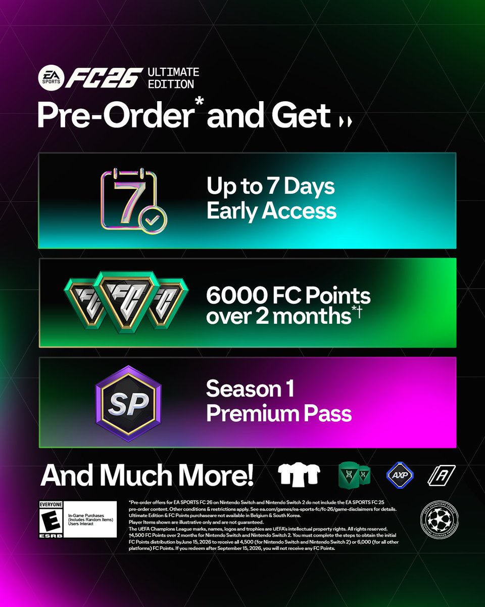 EASPORTSFC's tweet image. Get special rewards in #FC25 and #FC26 when you Pre-Order the Ultimate Edition by 26 August: x.ea.com/84927
- 1 of 15 untradeable ICONs in FC26 from Launch.
- 1 of 5 93+ OVR untradeable ICON Player Pick and an exclusive EVO in FC 25.