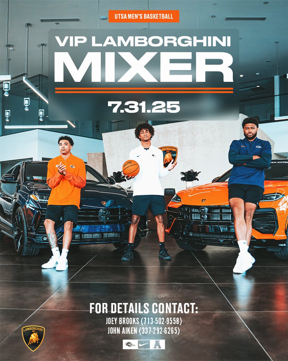 UTSAMBB's tweet image. UTSA x Lamborghini
Fast on the court, fast on the road
UTSA Men‘s Basketball
VIP Lamborghini mixer
July 31, 2025
For more details, contact:
Joey Brooks (713) 502-9558
John Aiken (337) 292-6265
#BirdsUp🤙 | #LetsGo210