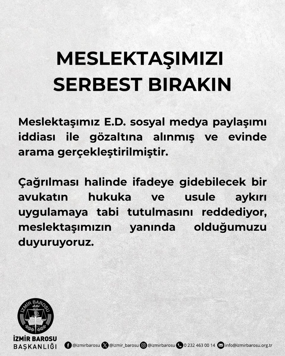 Meslektaşımızı Serbest Bırakın

Meslektaşımız E.D. sosyal medya paylaşımı iddiası ile gözaltına alınmış ve evinde arama gerçekleştirilmiştir. 

Çağrılması halinde ifadeye gidebilecek bir avukatın hukuka ve usule aykırı uygulamaya tabi tutulmasını reddediyor,  meslektaşımızın